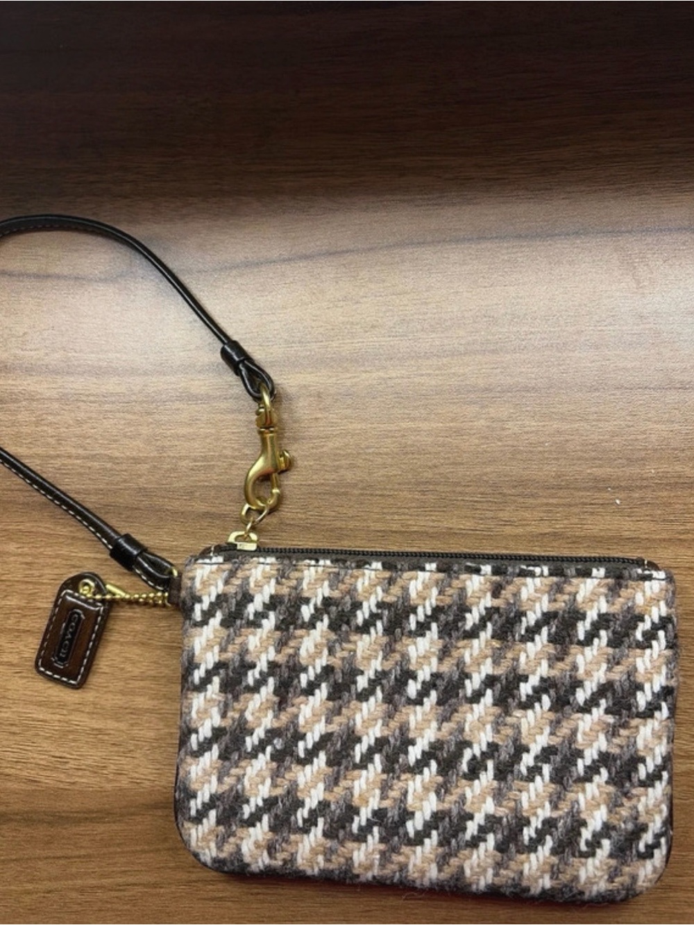 Wool Houndstooth Coach Wristlet Pouch in Brown and Cream